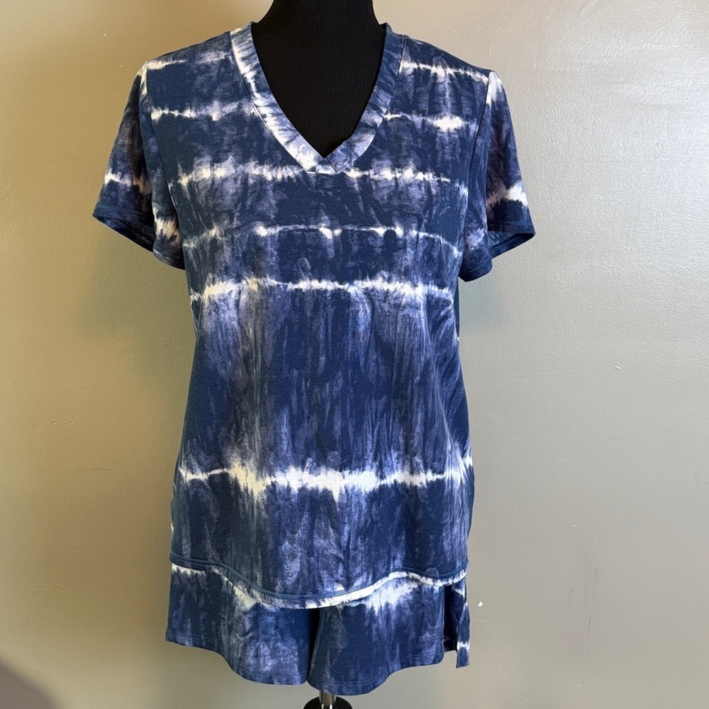 Nautica Blue Tie-Dye Sleep Lounge Set V-neck Top & Shorts Sz L NWOT